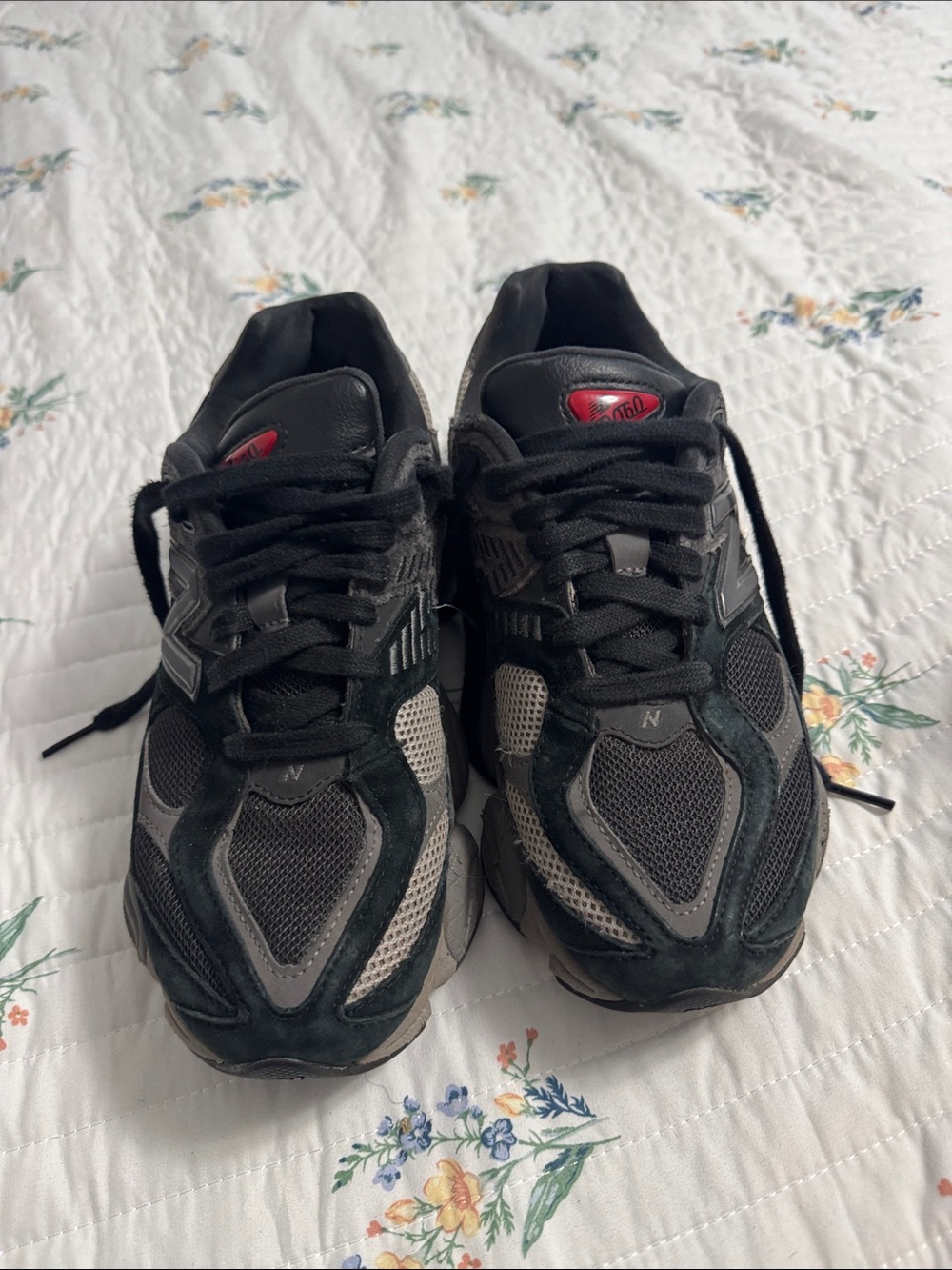 New Balance 960 Black and Gray Athletic Sneakers with Red Accent